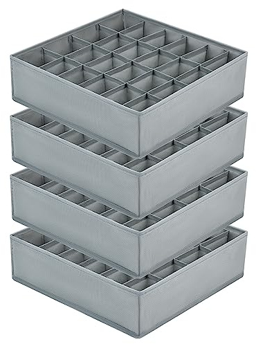 Joyoldelf Drawer Organiser - Set of 4 Foldable Sock Organisers - Wardrobe Storage Organiser with 24 Cells - Drawer Dividers Storage Boxes for Socks, Baby Clothes, Ties and Scarves - Grey