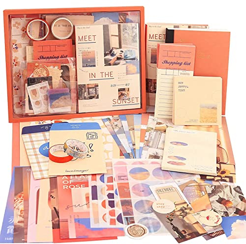 Irayin Vintage Scrapbook Zubehör Set, 155 Stück Bullet Journal Zubehör Set mit A6 Raster Notizbuch, Scrapbook Stickers, Reisebuch Geschenkset, DIY Geschenk für Mädchen Damen (Sonnenuntergang)