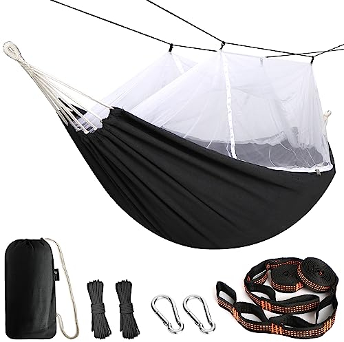 Anyoo Hamaca de Algodón con Mosquitero y Kit de Correas para Árboles, Malla Transpirable para Jardín al Aire Libre, Camping, Patio, Balcón, Senderismo