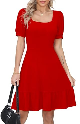 Missufe Robe d'été pour femme - Robe patineuse à volants - Manches bouffantes - Manches courtes - Swing - Robe de loisirs, rouge, S