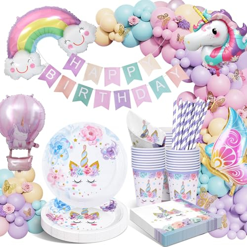 HLEIUKT Vajilla para Fiesta de Unicornio Rosa, Decoraciones de Cumpleaños, Incluye Globos para Baby Shower, 16 Invitados