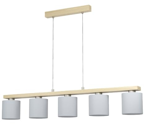 EGLO Pendelleuchte Castralvo, 5 flammige Hängelampe, Hängeleuchte aus Stahl in Nickel-Matt, Holz in Braun und Textil in Weiß, Esstischlampe FSC zertifiziert, E27 Fassung