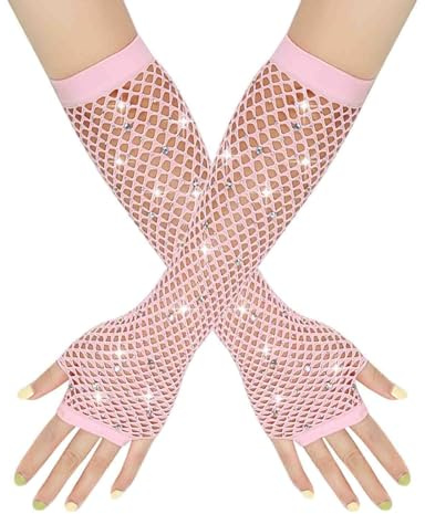 Damen Netzhandschuhe Glänzende Fingerlose Handschuhe Lange Fischnetz Armstulpen Mesh Handschuhe Karneval Party Kostümzubehör Opernhandschuhe Abendhandschuhe Glitzer Handschuhe Cosplay Zubehör