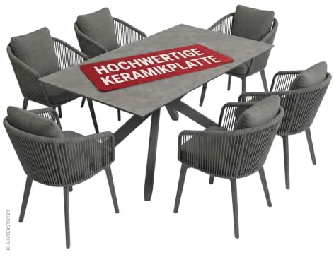 MR. DEKO Gartenmöbelset Diningsessel Cadiz mit Tisch Almeria 200x90 cm | Garten-Sitzgruppe Aluminium Rope | Outdoor Essgruppe Wetterfest Keramik | Gartentisch 6 Sessel | Terrassenmöbel Set