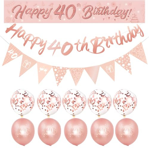 Rose Gold 40th Birthday Decorations - Banner, Balloons, Bunting & Triangle Flags