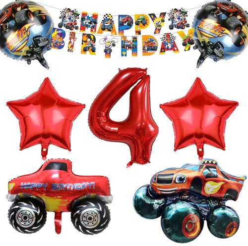 Monster Truck Geburtstagsdeko 4 Jahre Junge, Cars Luftballons Geburtstag Set, Rennwagen Kindergeburtstag Party Deko, Monster Truck Ballons, Banner, Monster Trucks Birthday Supplies für Kinder