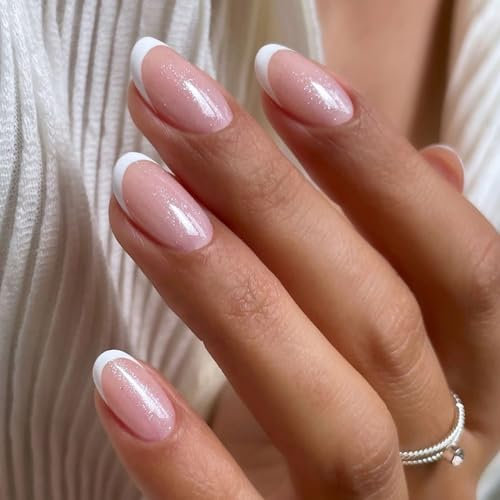 DMQ 24Pcs Almond Glitter False Nails, Nude Pink & White French Nail Tips, Oval Stick on Nails