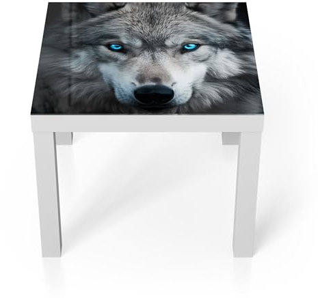 DEQORI Glastisch | weiß klein 55x55 cm | Motiv Eiskalter Blick | ausgefallener Beistelltisch aus Glas | Hochglanz Couchtisch fürs Wohnzimmer | moderner Couch Tisch mit Design