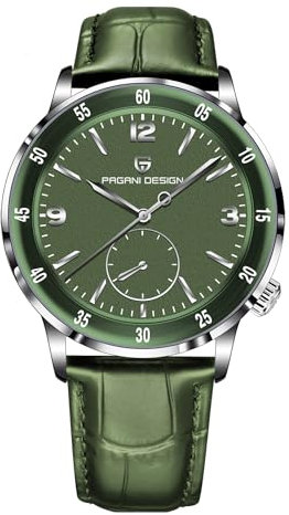 Pagani Design Montre Automatique pour Homme Facile à Lire Grand Cadran Verre Saphir synthétique Étanche à 100 m Ultra Plate en Cuir(Vert argenté)