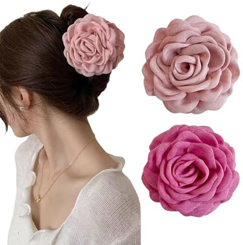 TOFBS Pince Cheveux 2 Pcs Fleur Pince Griffes Colorée Maintien Fort Grandes Antidérapantes Élégantes Accessoires pour Femmes Filles(Rose + rose racine de lotus)