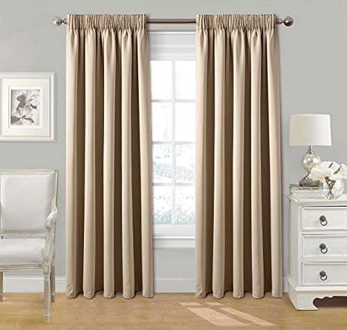 StylemyBedroom Pair Pencil Pleat Tape Top Plain Thermal OUT LINED Curtains with Tie Backs 90 x 108 - Beige