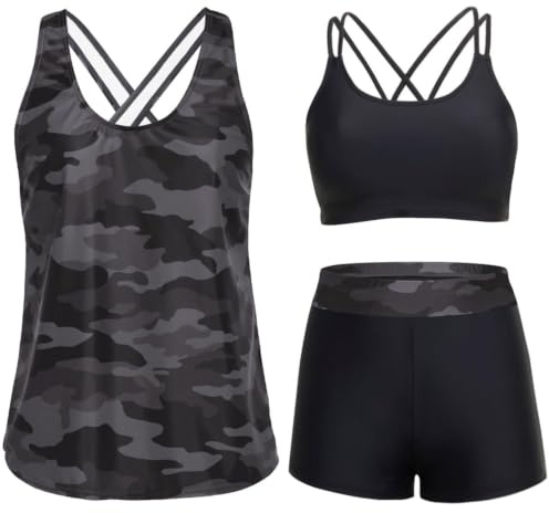 3-teiliges Tankini-Badeanzug-Set für Damen mit Bauchkontrolle und | Bescheidene Bademode, athletischer Stil, Sport-BH-Unterstützung, überkreuzter Rücken, hohe Taille, Multi-Way-Styling