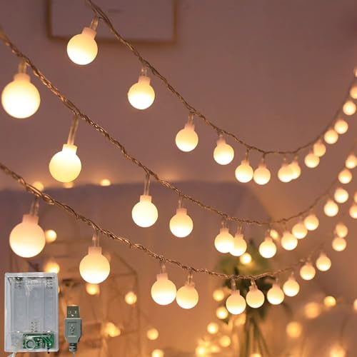 LOFTOLMEA Batteriebetriebene und USB-betriebene 2-in-1-Lichterkette, 10 m, 80 LEDs, Lichterkette für Weihnachten, Hochzeit, Party, Schlafzimmer, Innen- und Außenbereich, Warmweiß, 10 m 80
