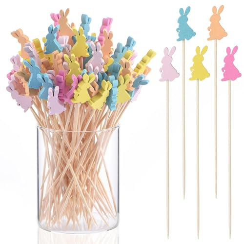 Palillos Cóctel de Pascua 100 Piezas Palillos Dientes de Bambu 12cm Palitos Aperitivos Largos Pinchos Brochetas Frutas para Fiesta De Pascua, Decoración de Mesa (A)