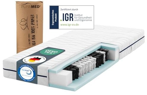PURAMED Taschenfederkernmatratze 100x200 cm | Härtegrad H4 | Höhe 20 cm | ergonomische 7-Zonen Matratze | waschbarer Mikrofaser-Bezug | Oeko-TEX® & CertiPUR Zertifiziert | produziert in Deutschland