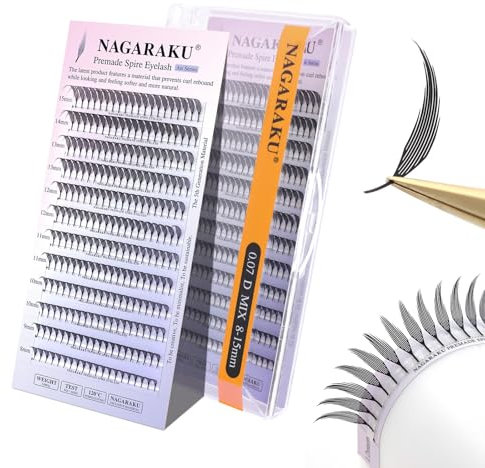 NAGARAKU Comic Spire Cils 240 Fans Éventails Préfabriqués Conception Monobloc Sans Besoin de Scellant Manga Anime Volume Doux Pré-Faits Base Plate et Pointe Aiguisée Facile À Appliquer(0.07 D 8-15mm)