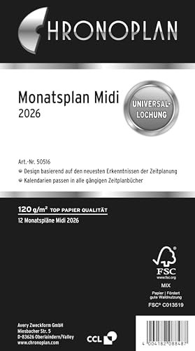 Chronoplan 50516 Kalendereinlage 2026 (Monatsplan Midi (96x172mm), Ersatzkalendarium für Terminplaner, Monatsplaner, für detaillierte Monatsplanung, 1 Monat auf 1 Seite, mit Universallochung) weiß