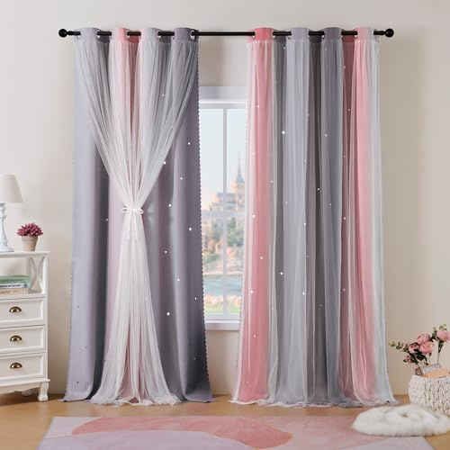 Best Baisite Gardinen Kinderzimmer 2er Set Verdunklungsvorhänge H 200 X B 132cm Doppellagige Vorhänge mit Hohlen Sternen Kinder Mädchen Baby Ösenschal Ösenvorhange Dekoration