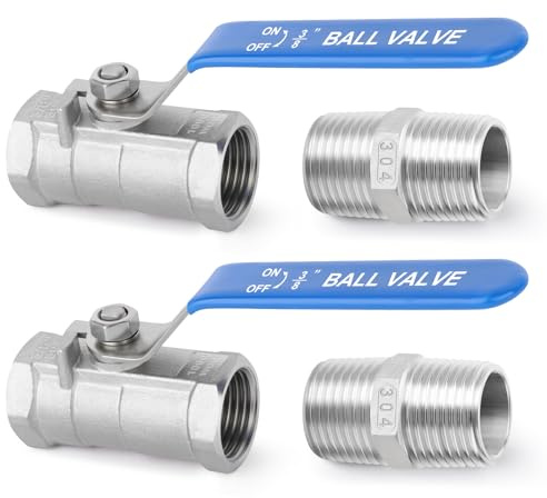 TAISHER 2 Stück 3/8 Zoll FBSP Kugelhahn, 304 Edelstahl mit blauen Griffen & 2 Stück Hex Nippel