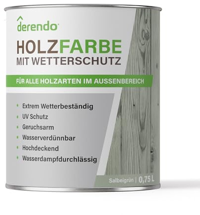 derendo Holzfarbe Salbeigrün außen wetterfest Wetterschutzfarbe Grün 750ml | Langzeitschutz, Holzlack seidenglänzend , Holzschutzlasur hohe Deckkraft, Außenbereich