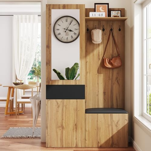 ZYLOYAL10 Garderobenset mit 5 Garderobenhaken, Spiegel, Schuhschrank, Einbauschrank mit oberen Regalen, Schubladen, oberen Ablagefächern, Flurgarderobenbank.