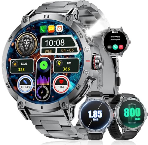 SUNKTA 1,85″ HD Orologio da uomo per iOS Android 800 mAh Grande Batteria Smartwatch Uomo Bluetooth chiamate Acciaio Nero Lampada LED,Monitoraggio della salute,Monitor del sonno,100+ Modalità Sport