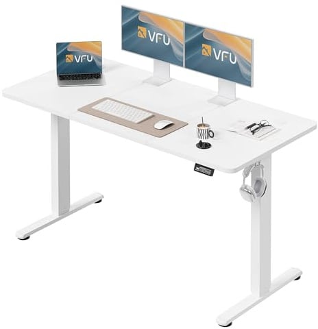 VFU Höhenverstellbarer Schreibtisch mit Speichertasten, 140 x 60 cm | Schreibtisch elektrisch mit Haken, 73–118 cm stufenlos verstellbar, Einfache Montage Stehpult, Computertisch für Homeoffice