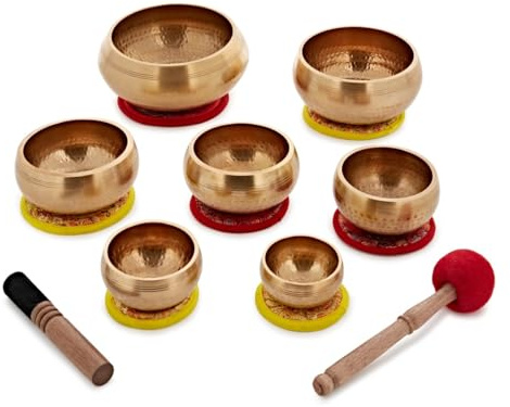 Gear4music Life Seven Piece Hammered Brass Singing Bowl Set | Part of Gear4music's Tree Planting Initiative, Seven Bowls 8-17.5cm Handmade in Nepal, Full Range of Pitches, Rod and Mallet