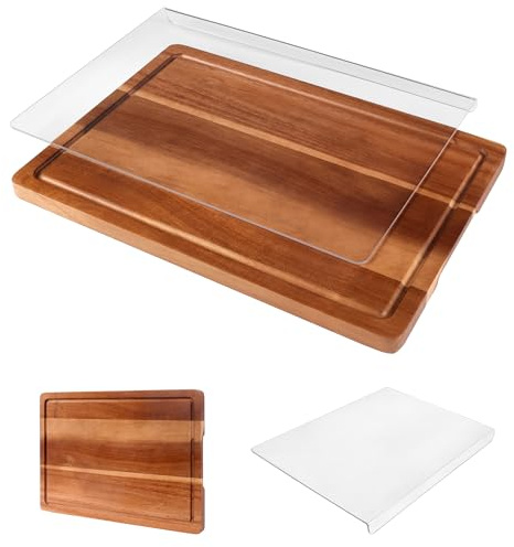 Juego de 2 Tablas de Cortar, Tablas de Madera de Acacia y Acrílico con Borde de Encimera para Cocina, Tabla de Madera con Canaleta para Verduras, Frutas y Carne