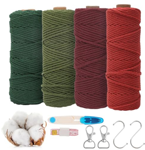 RANJIMA Makramee Garn, 3mm Macrame Cord Makramee 4er Set Makramee Schnur Garn für DIY Handwerk Weben Dekoration Wandbehänge Türvorhang Blumenampel Hängepflanze Pflanze Aufhänger Bohemien, Rot+Grün