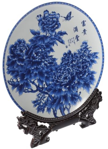 CVUTOVO Plato Decorativo de Cerámica Azul de 25 Cm Estilo Chino con Soporte para Decoración del Hogar, Plato de Arte Cerámico Tradicional para Sala y Comedor