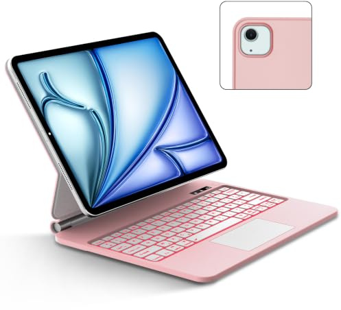 FOGARI Étui Clavier pour iPad Air 13 (M4/M3/M2)/iPad Pro 12.9 (6/5/4/3 Gén) | Magic Keyboard Trackpad Français AZERTY, Silencieux Bluetooth 7 Couleurs Rétroéclairé Clavier, Chargement Via USB-C, Rose
