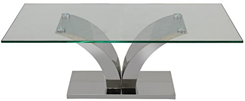 DRW Mesa de Centro Rectangular en Metal y Cristal de 12mm de Grosor con Base y pie con Forma de v en Color Transparente y Cromado, 120X60X45 CM