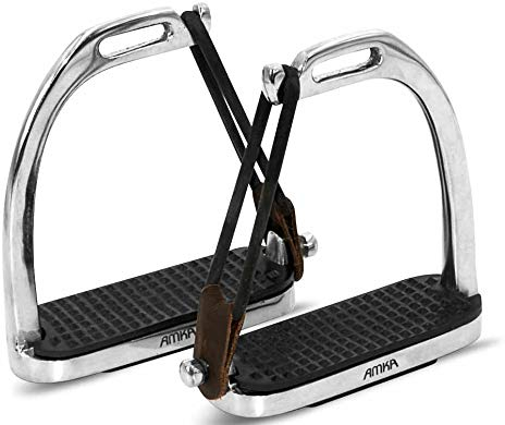 AMKA Sicherheitssteigbügel Edelstahl mit Gummiring und Kunstlederschlaufe, 12 cm, Schwarze Einlagen Sicherheits Steigbügel Safety Steigbügel Safety Stirrups Sicherheitssteigbügel