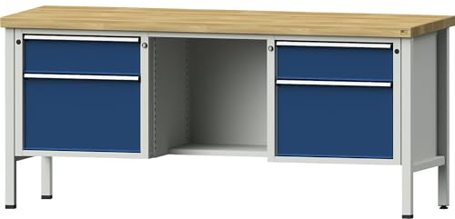 ANKE | Werkbank | Gestellbauweise Serie V | Schubladen 2 x 180 mm | 2 x 360 mm | ½ Ablageboden | Höhe 890 mm | Buche massiv