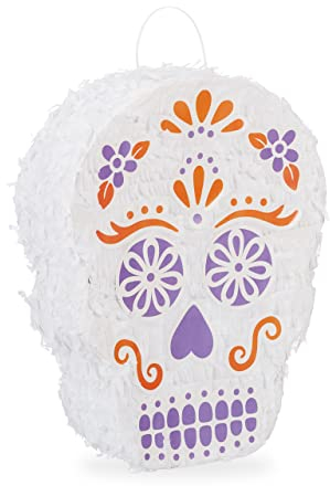 Relaxdays 3 TLG. Pinata Set Totenkopf, Pinatastab mit Augenmaske, für Kinder, Stock & Augenbinde, zum selbst befüllen, Piñata, bunt