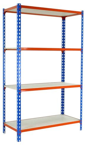 Simonrack Schwerlastregal, Lagerregal, 150x80x50 cm, Metallregal, Kellerregal, Biegestelle 150 kg, 4 Holzfachböden, Blau/Orange/Holz - Maderclick