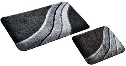 S&S-Shop Badematte Set | Grau | Kiel | 2 teilig | rutschfest | WC-Vorleger 50 x 45 cm | Badvorleger 50 x 90 cm | Badteppich | Teppich | Bad | Badezimmer