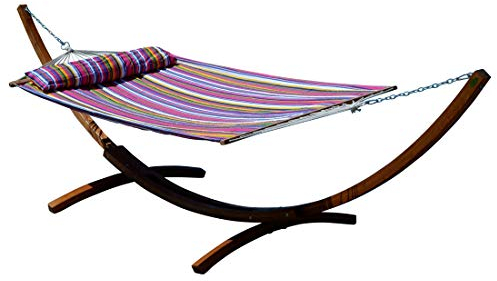 ALEOS. 400cm XXL Hängemattengestell Gestell aus Holz Lärche Dunkelbraun mit Stab Hängematte gefüttert mit Kopfkissen Pink 120x200 cm