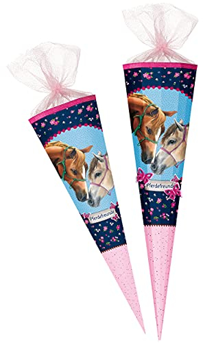 Schultüte Größenwahl Pferdefreunde - Pferd & Schmetterling - 100 cm - 12 eckig - Organza - Tüllabschluß - Zuckertüte - Nestler - Mädchen - Pferde Pferdel..