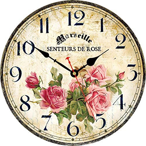 Toudorp Wohnkultur Wanduhr 14 Zoll Leise Nicht Ticken Hölzerne Wanduhr Batteriebetrieben Retro Französisch Blumen Muster Wanduhr (Rosa Rosen)