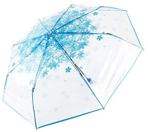 Milya Taschenschirm Durchsichtig Ultra-Leicht Manual Regenschirm Transparent Kirschblüte Blumemuster Faltbar Tragbar, Hellblau