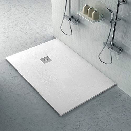 Piatto doccia marmoresina con effetto pietra serie Karen, in diverse dimensioni e colori, spessore ultraslim 2,5 cm, riducibile su misura, COMPLETO di griglia (70x100, Bianco)
