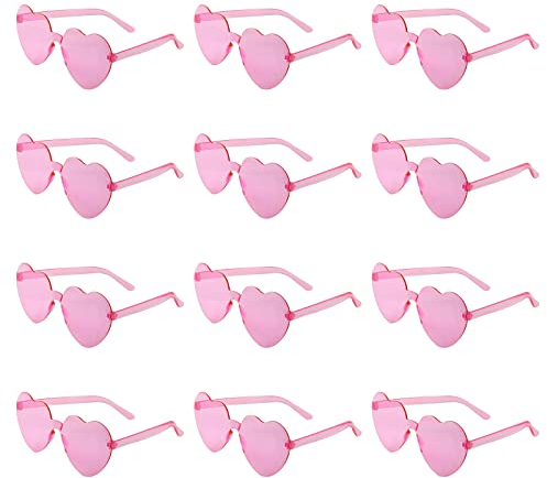 FUNUPUP 12 Paia Occhiali da Sole a Forma di Cuore Occhiali da Festa Senza Montatura per le Donne (Rosa)