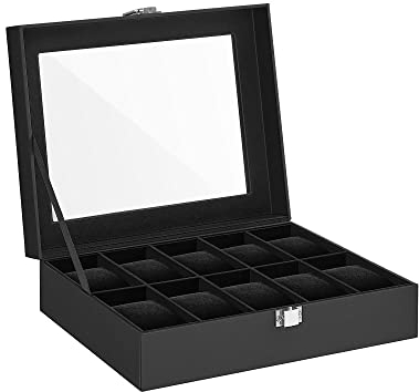 SONGMICS Uhrenbox mit 10 Fächern, Uhrenkasten, Glasdeckel, Uhrenkoffer, herausnehmbare Uhrenkissen, Metallverschluss, Geschenkidee, PU-Bezug in Schwarz, Innenfutter in Schwarz JWB010B02