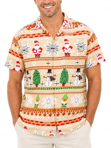 King Kameha Funky-Hawaii-Hemd, Weihnachten, Herren, Kurzarm, Christmas-Rows, Beige, XL