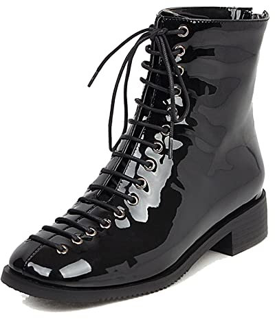 Bviennic Damen Strappy Komfort Runde Zehen Reißverschluss Military Motorradstiefel Schnüren Lack Chukka Stiefeletten Mitte Absatz Combat Stiefeletten Schwarz Gr 43 EU-45Cn