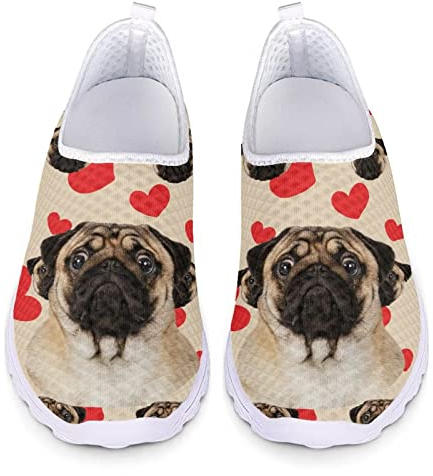 POLERO Niedliche Mops Slip-On Schuhe für Frauen Männer, Flache Walking-Schuhe, leichte Straßenlaufschuhe, EU38
