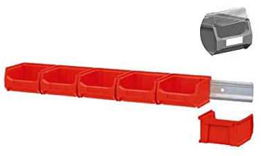 Barre murale avec 6 boîtes de rangement rouges 1.0 avec couvercle | H x l x P 6,1 x 60,5 x 10 cm | Support mural, rangement pour petites pièces, support de boîte d'assortiment