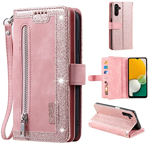 EYZUTAK Schutzhülle für Samsung Galaxy A54 5G, Retro-Stil, matt, 9 Kartenfächer, Reißverschlussfach, PU-Leder, Magnetverschluss, Ständer mit Handschlaufe, Folio-Klapphülle – Roségold